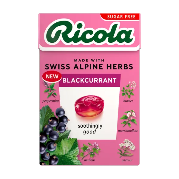 Ricola Blackcurrant Sugar Free Swiss herb drops 45g box, front of pack