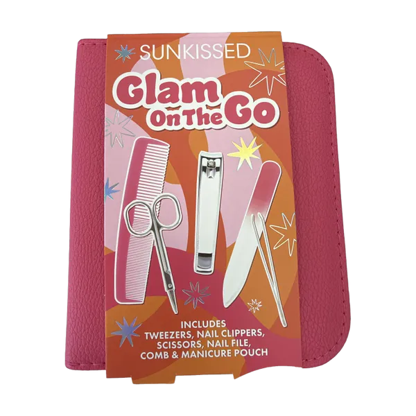 Sunkissed Glam On The Go Gift Set: pink manicure pouch with a sleeve showing the comb, scissors, nail clippers, nail file and tweezers