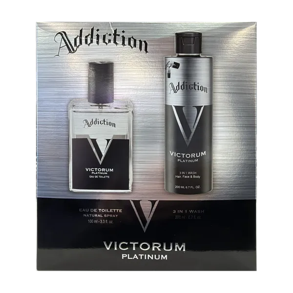 Addiction Victorum Platinum Duo Gift Set box with a 100ml eau de toilette and a 200ml 3-in-1 wash