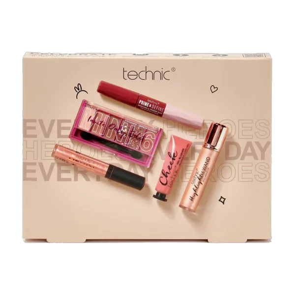 Technic Invite Only 5-piece makeup gift set box, showing the Mini 6 eyeshadow palette, mascara, gel blusher, highlighter wand and lip gloss