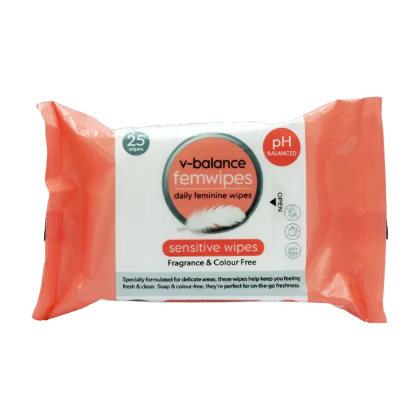 V-Balance Femwipes Sensitive Wipes fragrance and colour free, pack of 25, front of pack.