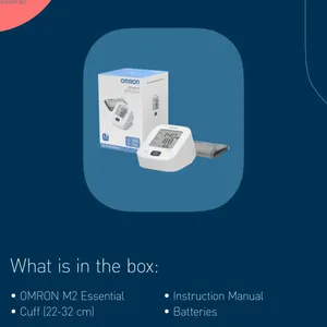 What is in the box: Omron M2 Essential monitor, 22-32 cm cuff, instruction manual and batteries.