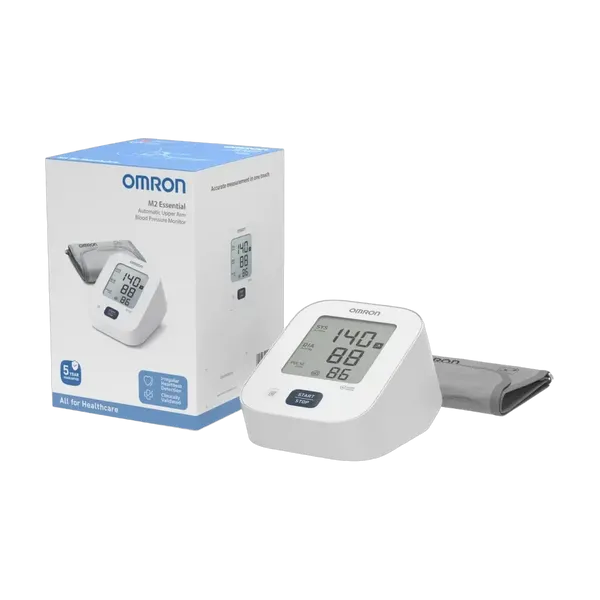 Omron M2 Essential upper arm blood pressure monitor with its cuff, in front of the box.