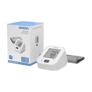 Omron M2 Essential upper arm blood pressure monitor with its cuff, in front of the box.