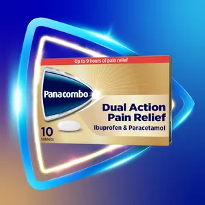 Panacombo Dual Action Pain Relief pack of 10 carton on a blue background