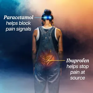 Panacombo graphic of a woman with back pain, labelling how paracetamol and ibuprofen work