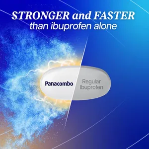 Panacombo tablet beside a regular ibuprofen tablet