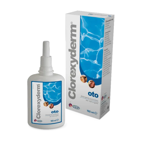 Clorexyderm Oto ear cleaner 150ml bottle and carton, front view.
