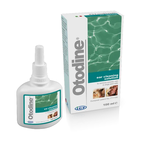 Otodine ear cleaning solution 100ml bottle and carton, front view.