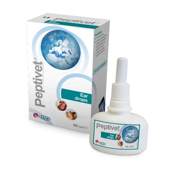 Peptivet Ear Drops 50ml bottle and carton, front view.