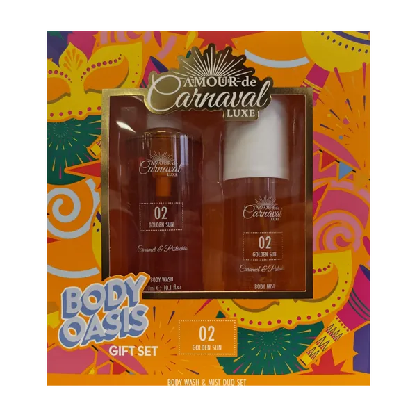 Amour de Carnaval Luxe 02 Golden Sun Body Wash and Body Mist Duo Gift Set in its orange carnival-print window gift box, front view.