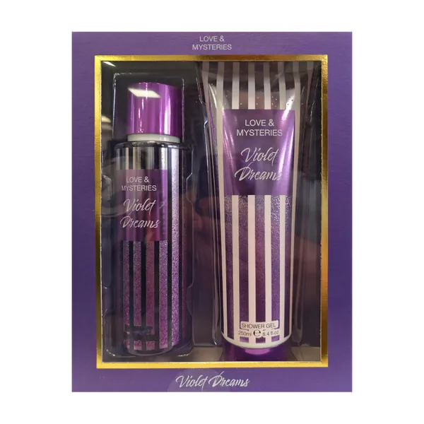 Love & Mysteries Violet Dreams Body Mist and Shower Gel Duo Gift Set in its purple window gift box with a gold frame, front view.