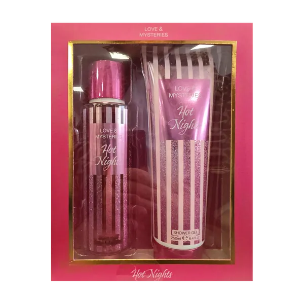 Love & Mysteries Hot Nights Body Mist and Shower Gel Duo Gift Set in its pink window gift box with a gold frame, front view.