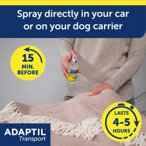 Spraying Adaptil Transport in a car before a journey, ready in 15 minutes and lasting 4 to 5 hours