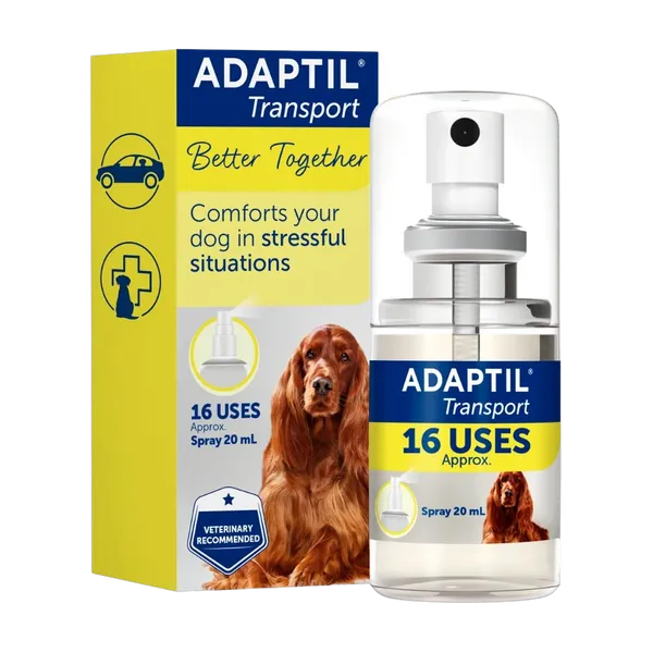 Adaptil Transport 20ml calming spray for dogs, pack and bottle shown together