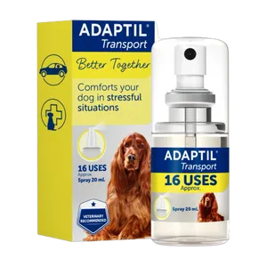 Adaptil Transport 20ml calming spray for dogs, pack and bottle shown together