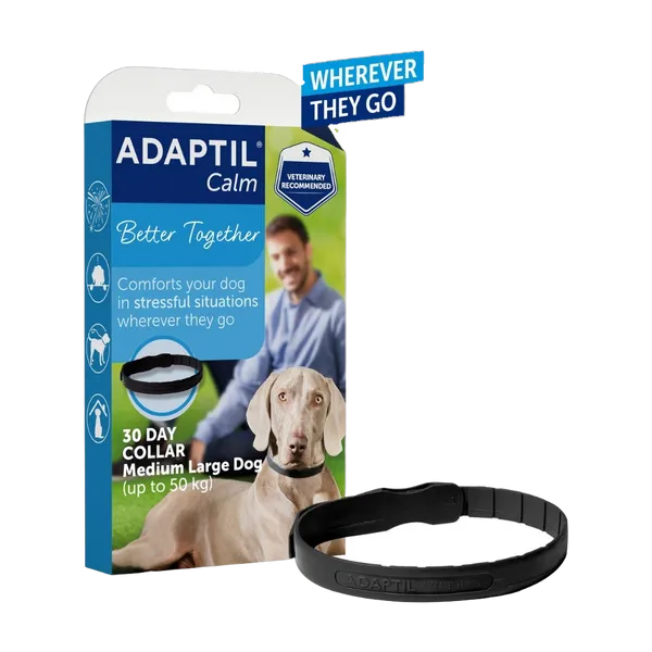 Adaptil Calm On-The-Go calming collar for medium and large dogs up to 50kg, pack with black collar