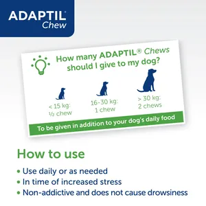Adaptil Chew how-to-use guide showing how many chews to give by dog weight