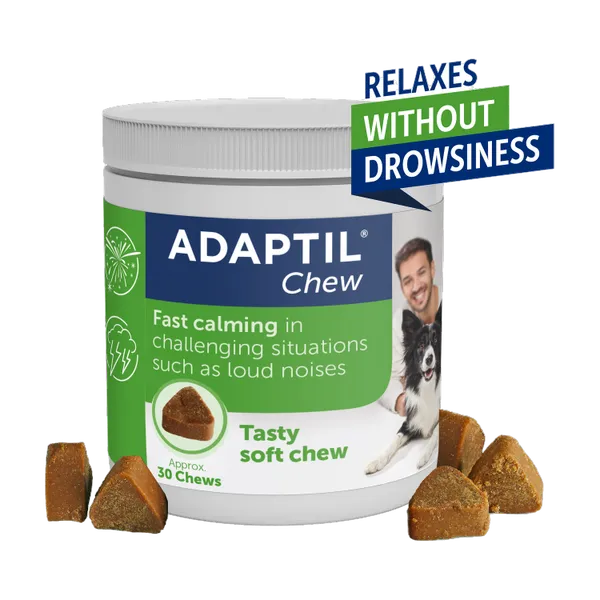 Adaptil Chew calming chews for dogs, tub of 30 with chews beside it