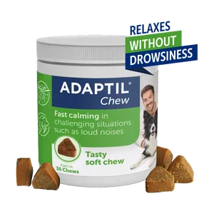 Adaptil Chew calming chews for dogs, tub of 30 with chews beside it