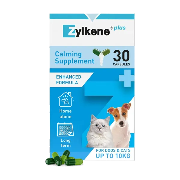 Zylkene Plus 75mg calming supplement for dogs and cats up to 10kg, pack of 30 capsules