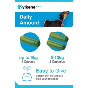 Zylkene Plus 75mg daily amount guide: one capsule up to 5kg, two capsules from 5 to 10kg