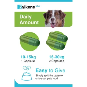 Zylkene Plus 225mg daily amount guide: one capsule from 10 to 15kg, two capsules from 15 to 30kg
