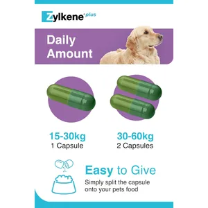 Zylkene Plus 450mg daily amount guide: one capsule from 15 to 30kg, two capsules from 30 to 60kg