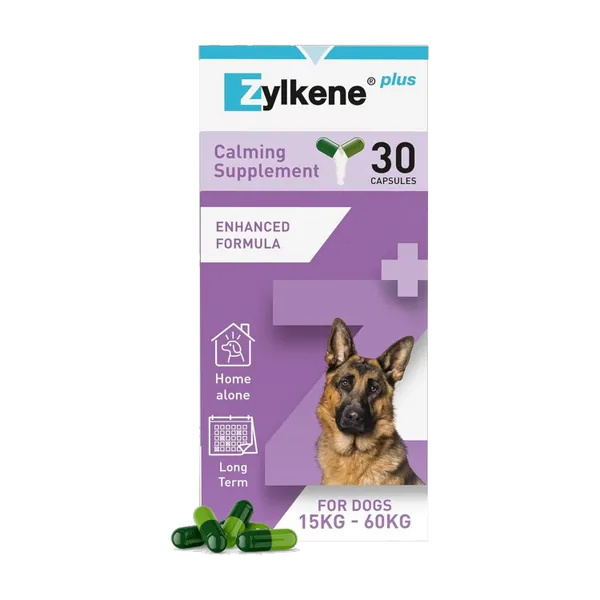 Zylkene Plus 450mg calming supplement for dogs from 15 to 60kg, pack of 30 capsules