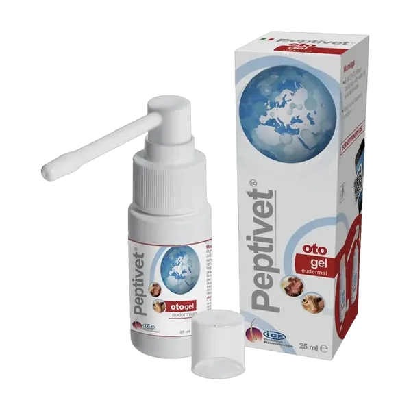 Peptivet Oto Gel 25ml pump bottle with cap and carton, front view.