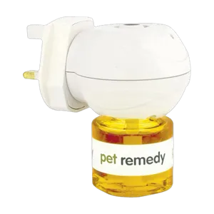 Pet Remedy plug-in diffuser unit with a 40ml refill fitted, side view