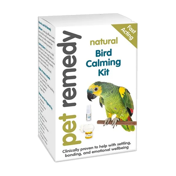 Pet Remedy Bird Calming Kit box showing a parrot, the 15ml spray and the plug-in diffuser, front view