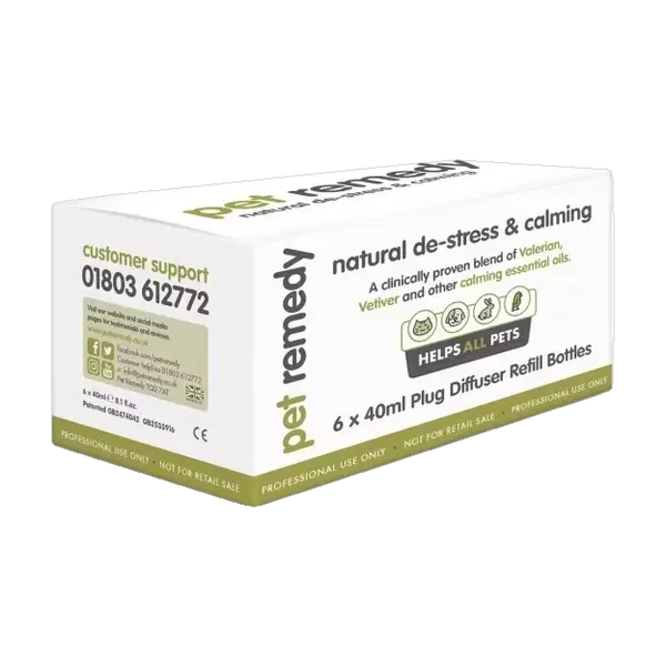 Pet Remedy Plug Diffuser Refill Bottles 6 x 40ml professional pack box, front view.
