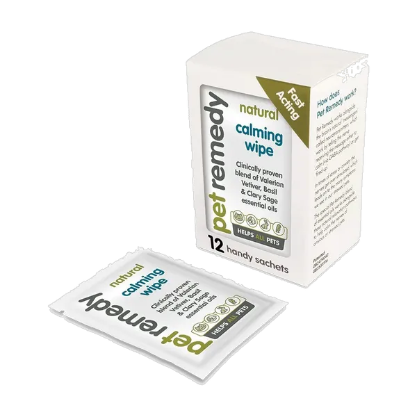 Pet Remedy calming wipes box of 12 handy sachets with one sachet in front