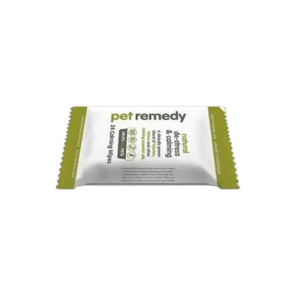 Pet Remedy Calming Wipes professional flow-wrap pack of 24 wipes, front view.