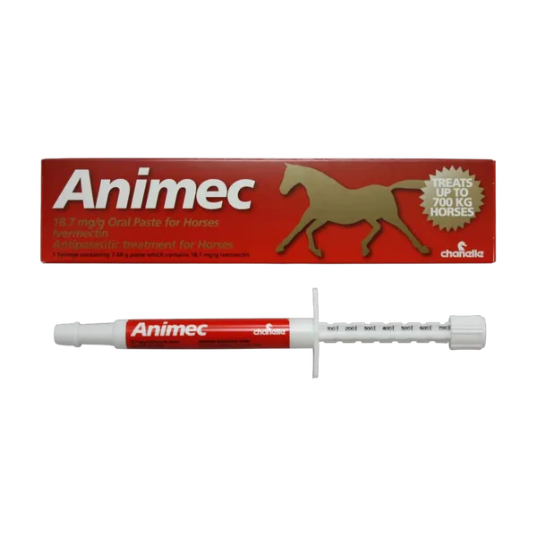 Animec 18.7mg/g Oral Paste for Horses carton with the 7.49g dose syringe, front view.