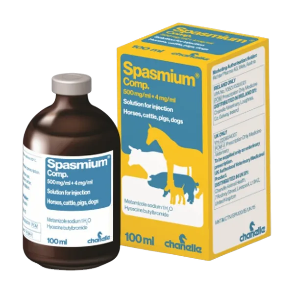 Spasmium Comp 500mg/ml + 4mg/ml Solution for Injection 100ml amber vial with its yellow and blue Chanelle carton.