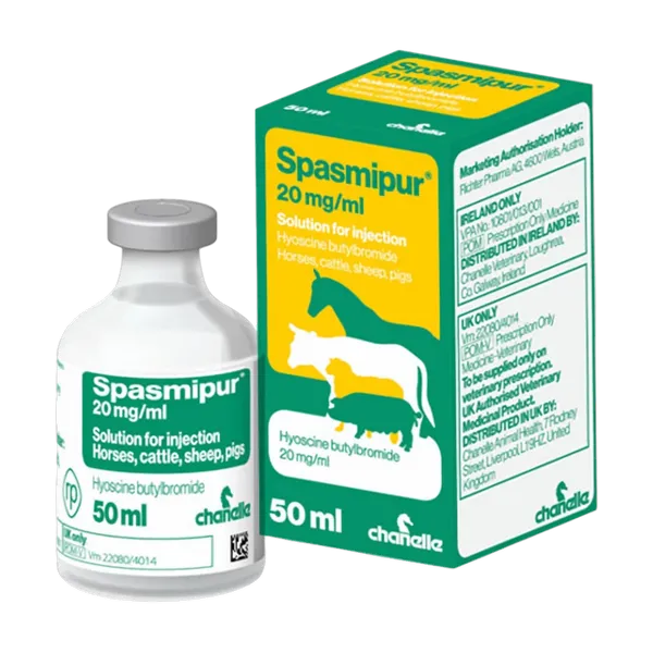 Spasmipur 20mg/ml Solution for Injection 50ml vial with its green and yellow Chanelle carton.