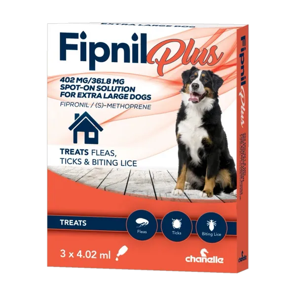 Fipnil Plus 402mg/361.8mg Spot-on Solution for Extra Large Dogs carton, 3 x 4.02ml pipettes, front view.
