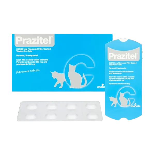 Prazitel 230/20mg Flavoured Film-Coated Tablets for Cats carton with a blister of tablets and the single-tablet pouch.