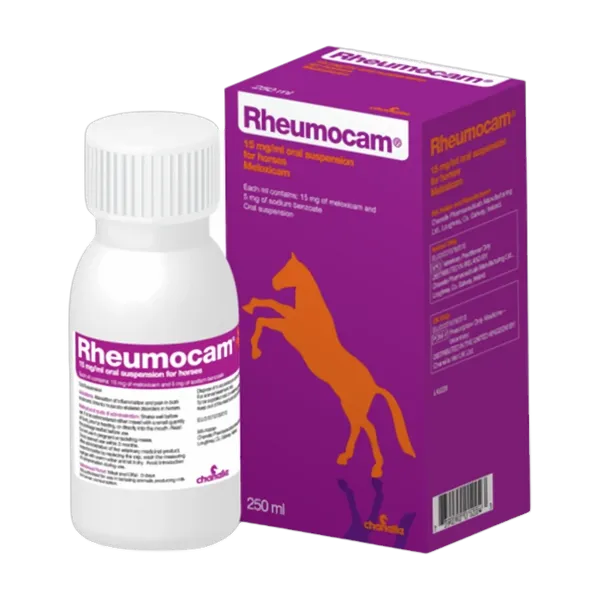 Rheumocam 15mg/ml Oral Suspension for Horses 250ml bottle and carton, front view