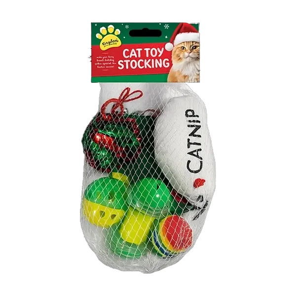 Kingdom Christmas Cat Toy Stocking, design with a CATNIP plush toy, lattice balls and a red and green crinkle ball