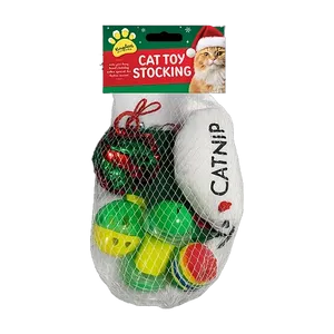 Kingdom Christmas Cat Toy Stocking, design with a CATNIP plush toy, lattice balls and a red and green crinkle ball