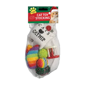 Kingdom Christmas Cat Toy Stocking, design with a Cats Love Catnip plush toy, striped balls and a rattle roller