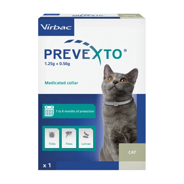 Prevexto 1.25g + 0.56g Medicated Collar for Cats carton, one 38cm collar, front view.