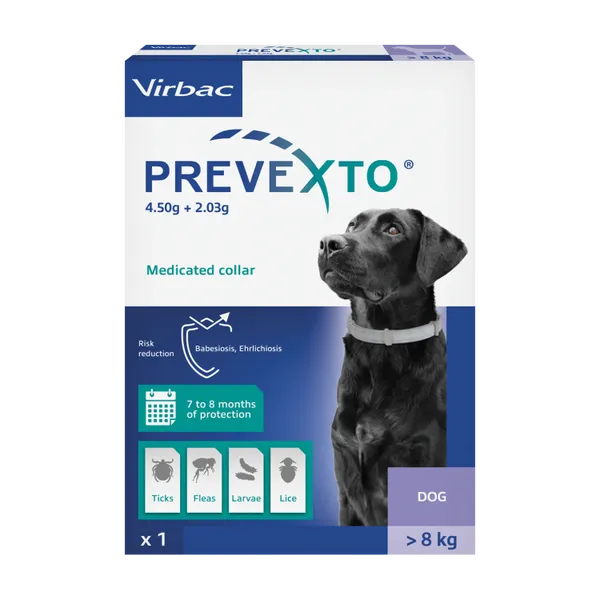 Prevexto 4.50g + 2.03g Medicated Collar for Dogs over 8kg carton, one 70cm collar, front view.