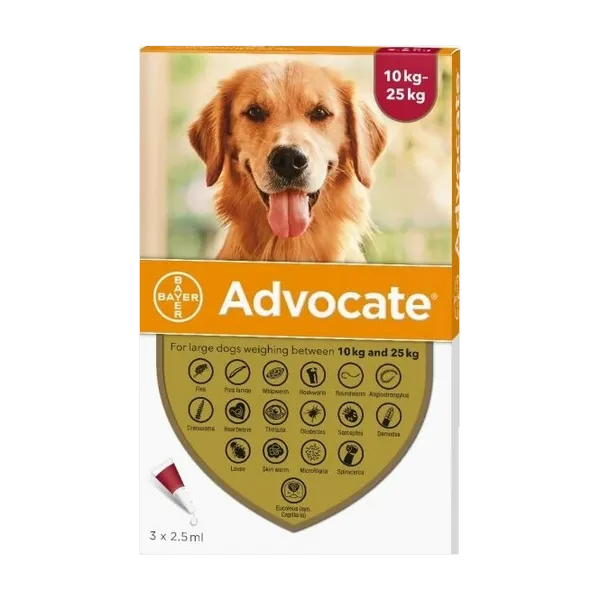 Advocate spot-on for large dogs 10 to 25kg, pack of 3 pipettes, front of the carton.