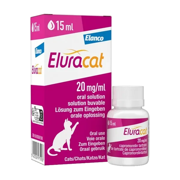 Eluracat 20mg/ml oral solution for cats, 15ml carton and bottle.