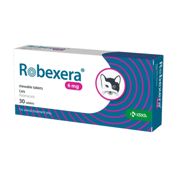 Robexera 6mg chewable tablets for cats, carton of 30 tablets.