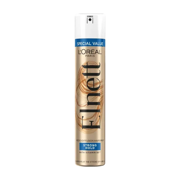 L'Oréal Paris Elnett Hairspray Strong Hold 300ml, a gold aerosol can with a white cap and a blue Special Value band, front view.